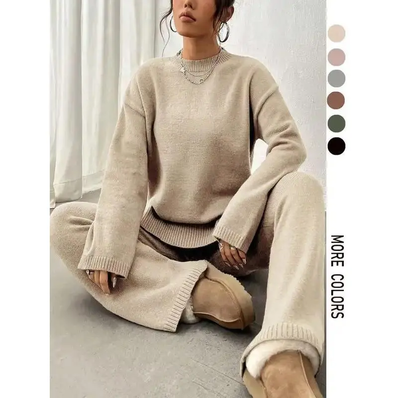 [Plus Size] Two-Piece Set Solid Mock Neck Drop Shoulder Split Hem Sweater & Straight Leg Pants, Casual Fashion Cozy Knitwear Set for Daily Outdoor Wear, Women Clothing for Fall & Winter(gift)