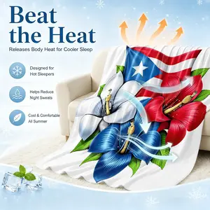 Puerto Rico Flag and Maga flower Cool Summer Blanket for Hot Sleeper-Q-Max >0.25 Lightweight Breathable Soft-Tropical Flavor Sofa Throw Blanket Bedroom Summer Quilt Office Nap Throw Car Small Blanket