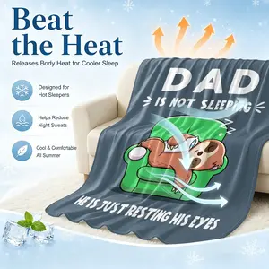 Gray "Dad Is Not Sleeping" Cooling Blanket, Arc-Chill Q-Max >0.35 Cool Fiber Summer Throw, Lightweight Breathable Blanket for Hot Sleepers, Funny Sloth Cartoon Print, Ideal for Bed, Couch, Travel & Summer AC Use