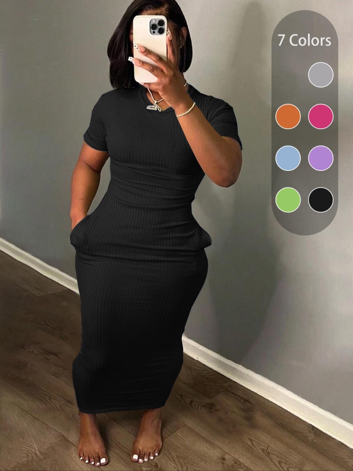 Plus Size Plain Pocket Round Neck Bodycon Fit Dress, Casual Short Sleeve Ribbed Long Dress for Summer, Women's Clothes for Daily Wear