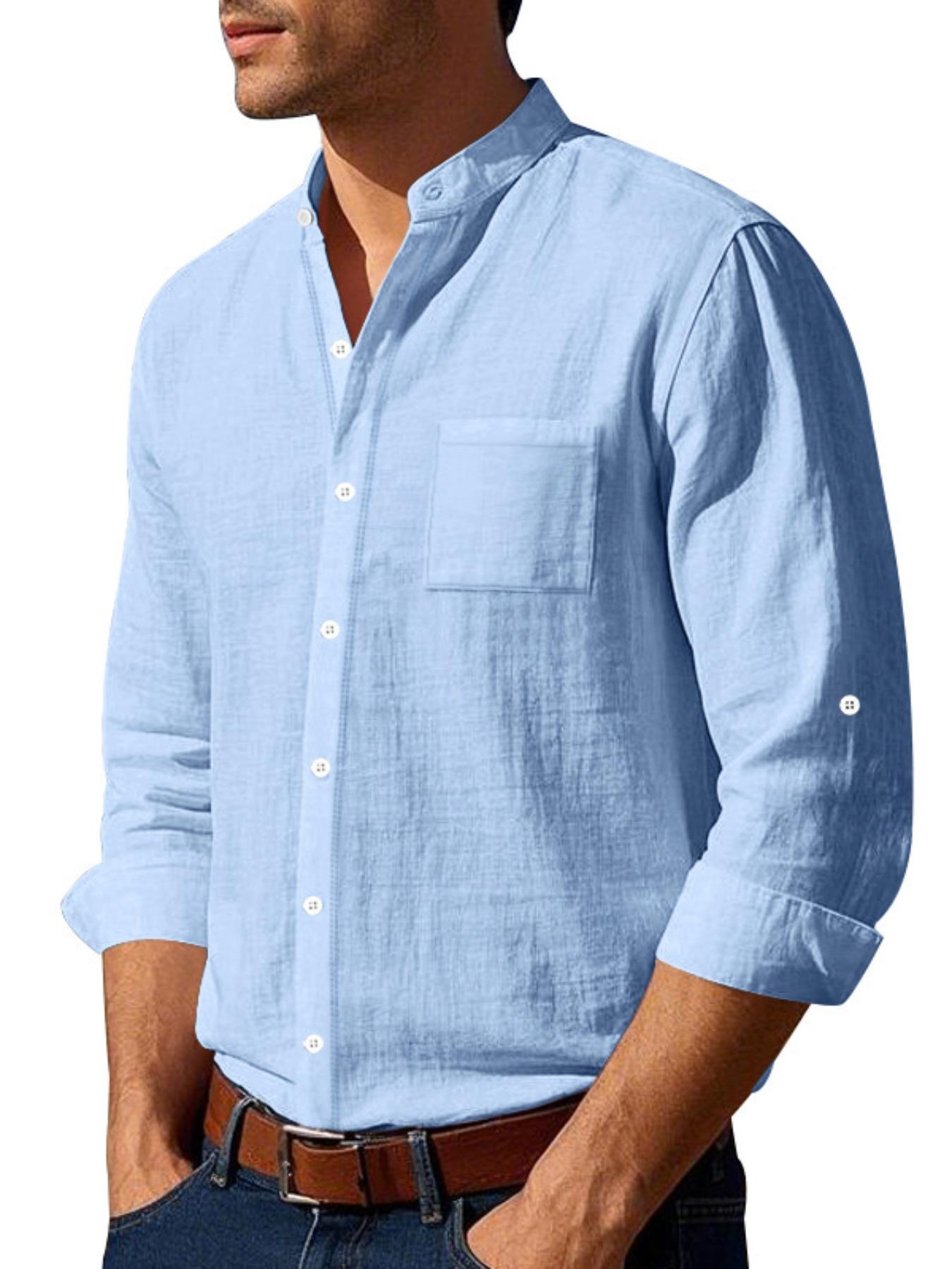 Men's Regular Fit Solid Color Linen Shirt, Casual Long Sleeve Collared Top for Daily Wear, Fashion Comfy Woven Top for Men, Button Up Top, Beige