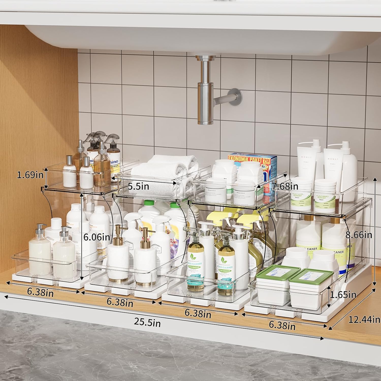 2 Pack Pull Out 2 Tier Under Sink Organizer Clear Cabinet Organizer for Kitchen Bathroom Storage Rotating Pantry Rack for Spice Organization and Makeup Organizer for Drawer Durable Design