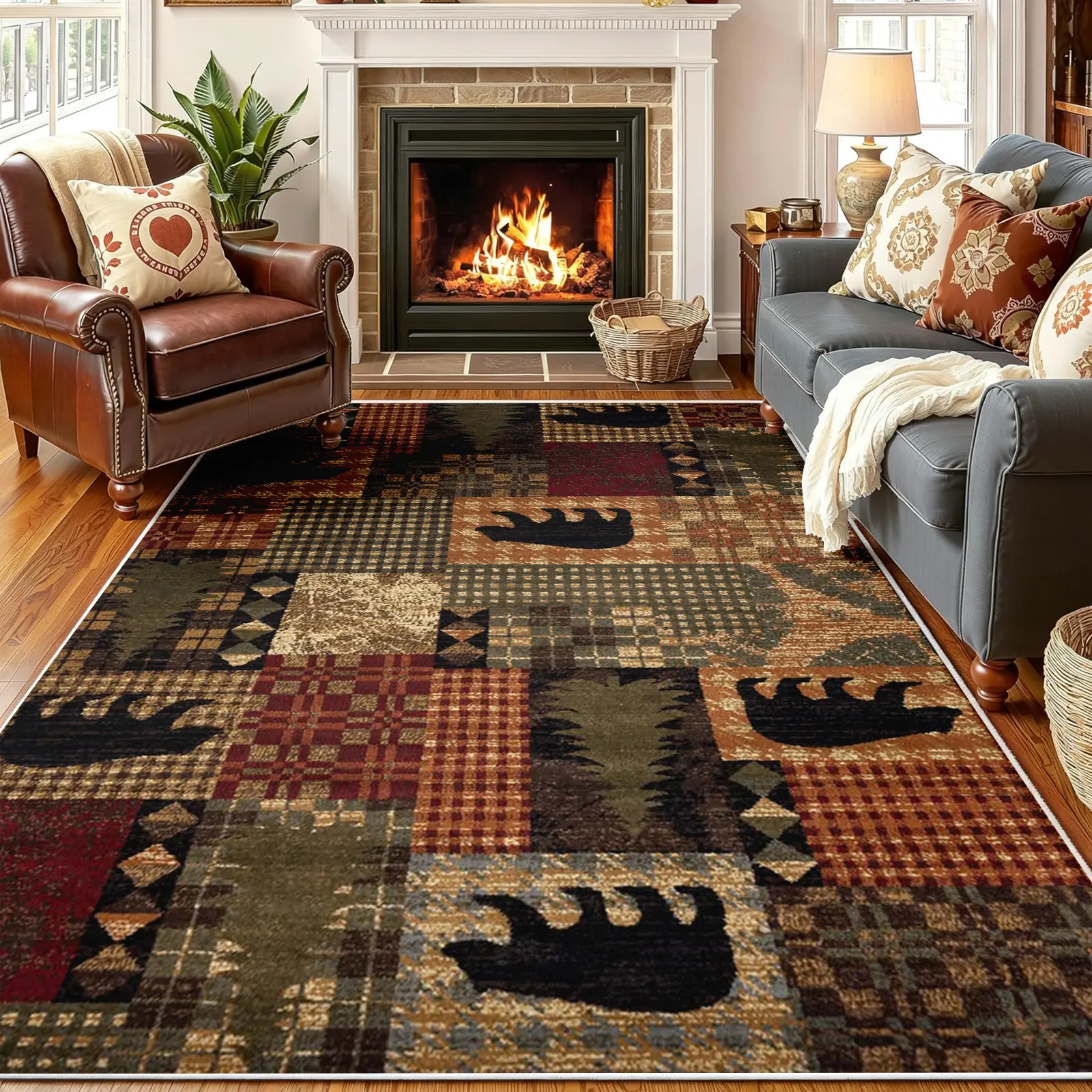 Rustic Patchwork Area Rug, Irregular Plaid Grid with Scattered Walking Bear & Pine Tree Silhouette, Non-Slip Washable Carpet, Soft Durable Floor Mat, Aesthetic Rugs for Living Room Cabin Decor, 8 x 10 ft Area Rugs