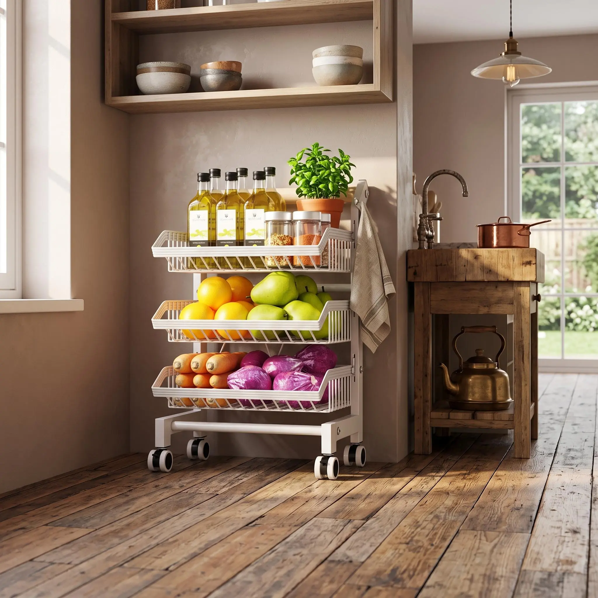 Space Saving 5 Tier Metal Rolling Storage Cart with Lockable Casters, Durable Steel Fruit Vegetable Organizer with Wood Handle, Multi-Purpose White Trolley for Pantry Bathroom Bedroom Garage