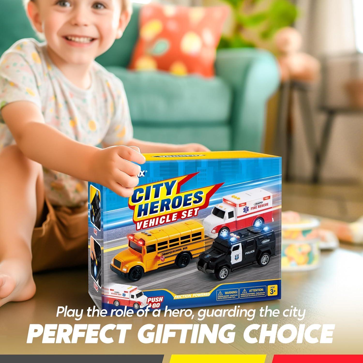 Friction-Powered Toy School Bus, Police Car, Ambulance & Student Bus with Lights & Sound Effects – Safe, Educational & Reliable, Ideal Gift for Boys & Girls
