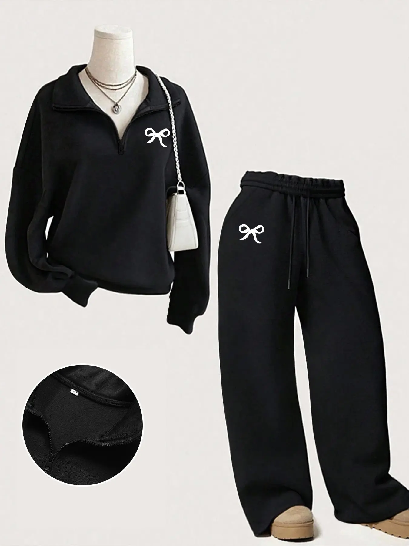 Women 2 Piece Coquette Casual Loungewear Set, Half Zip Collar Oversized Sweatshirt & Wide Leg Sweatpants, Small Bow Embroidery Graphic Matching Tracksuit Streetwear Outfit