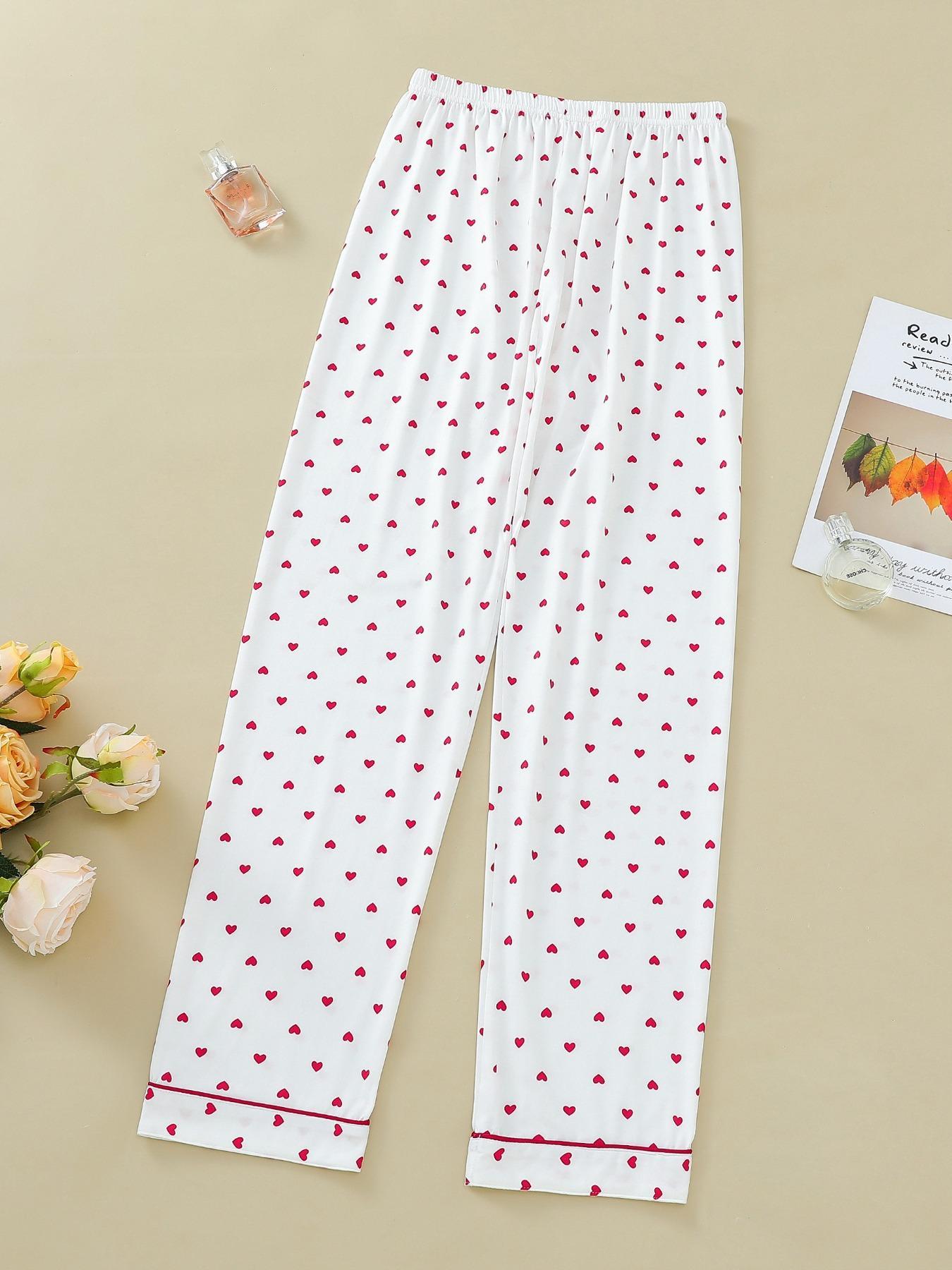 2 Pieces Women's Heart Print Pocket Button Front Shirt & Elastic Waist Pants Pyjama Set, Casual Short Sleeve Lapel Top & Trousers, Valentine's Day Gift, Women's Sleepwear for Summer