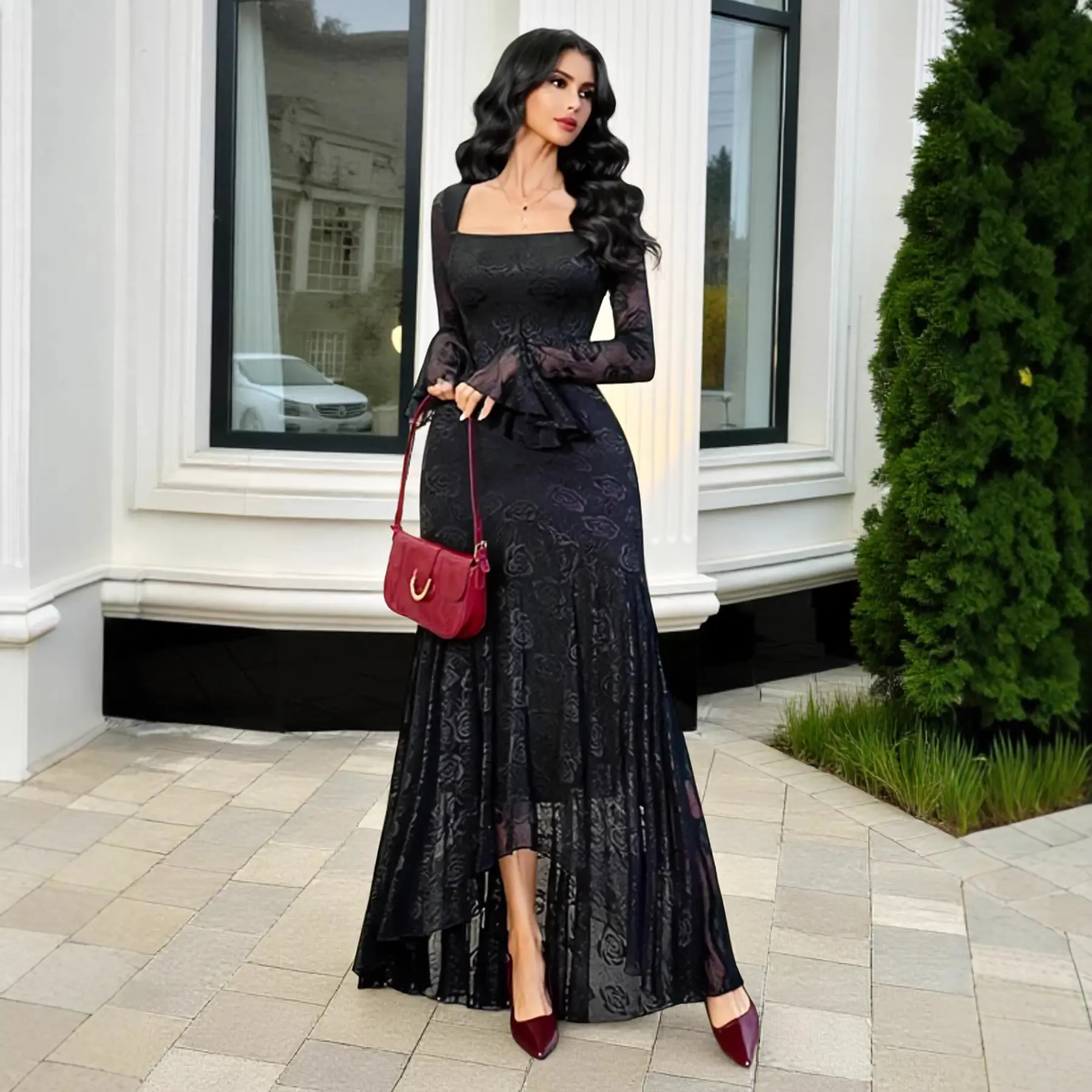 Gothic Mesh Patchwork Asymmetrical Dress and 2026 New Women's Mesh Jacquard Square Neck Irregular Hem Sexy Slim Dress