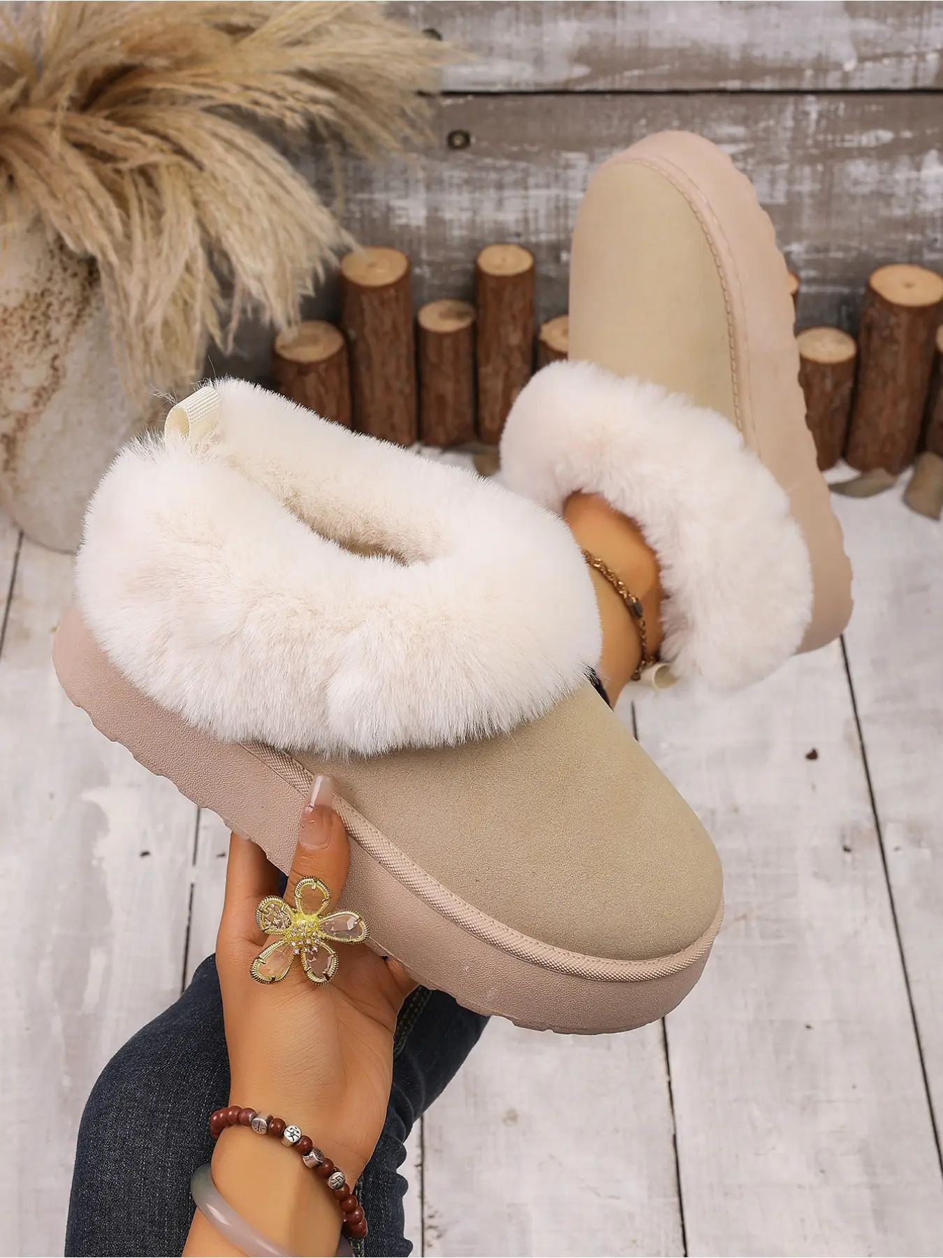Women's Winter Fluffy Fur Trim Platform Snow Boots, Casual Boots, Fleece Lined Anti-Slip Slip On Warm Ankle Cotton Boots