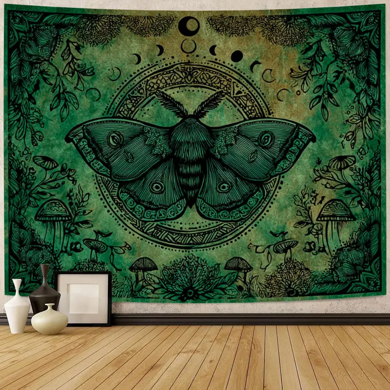 Neon,Nature,Bohemian,Sun,Boho Butterfly-Moth Moon Phase Green Forest Digital Print Polyester Tapestry, Large Indoors Wall Hanging Backdrop, Artistic Home Mural for Bedroom , Extra-Day Gift Essential Personalized Wall  decorative decor foot outdoor wall ba