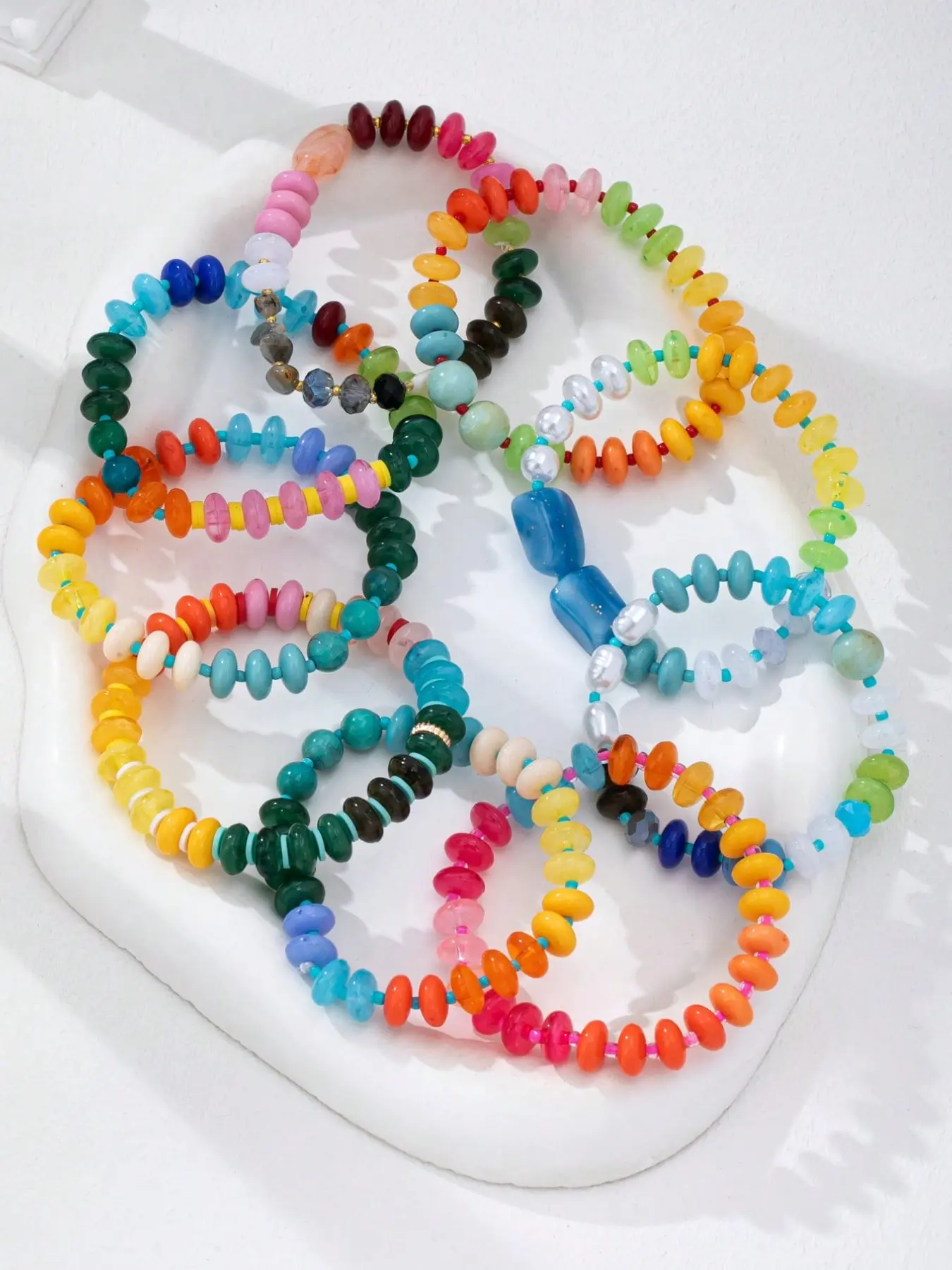 9-Piece Bohemian Rainbow Color Flat Disk Bead Stretch Stack Bracelet Set, Boho Beach Style Women's Jewelry, Multicolor Fashion Accessory, Beaded Bracelet Set