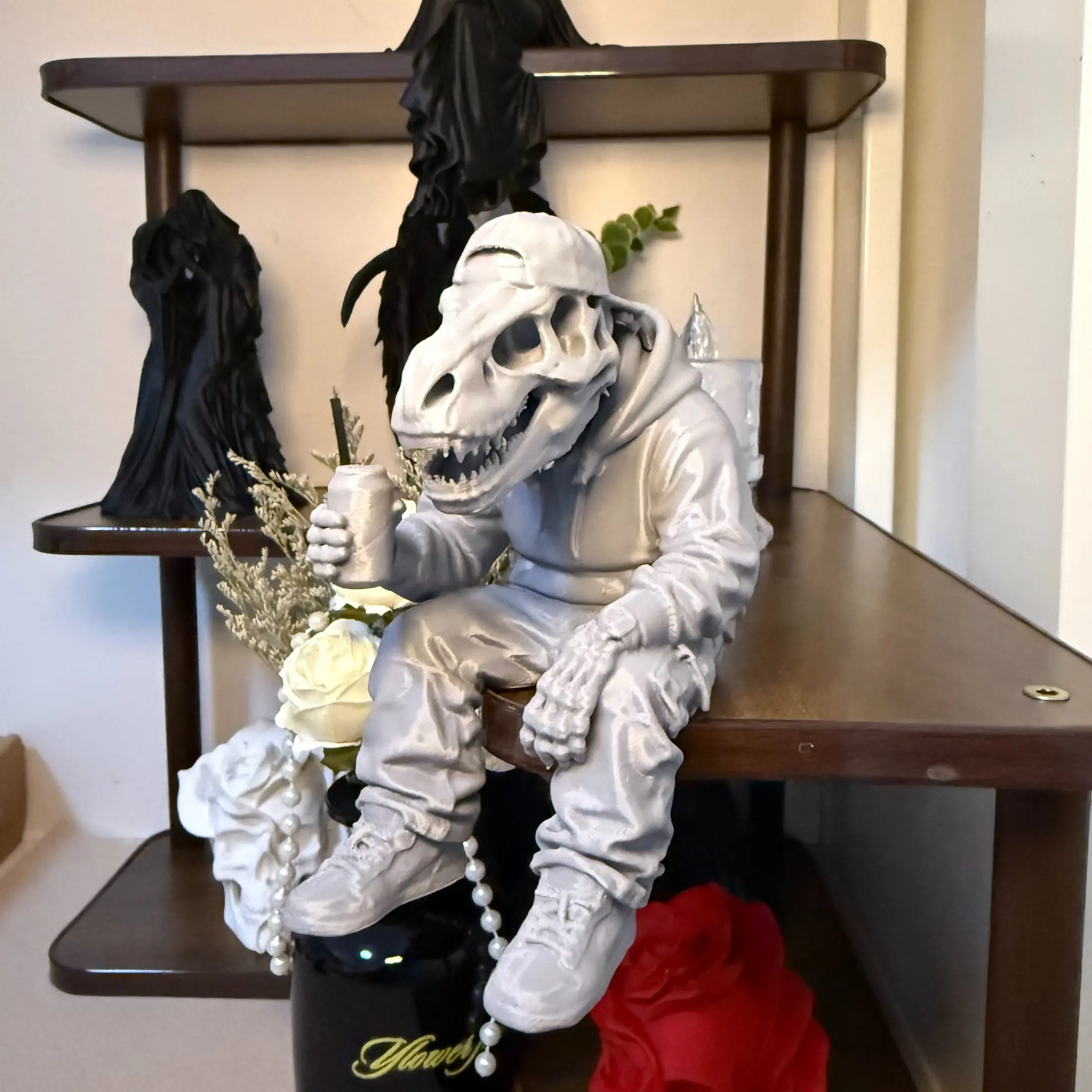 3D Printed Dinosaur Skull Hip-Hop Figure Shelf Ornament, Resin Desk Decor, Street Style Gift for Teen Room Decoration