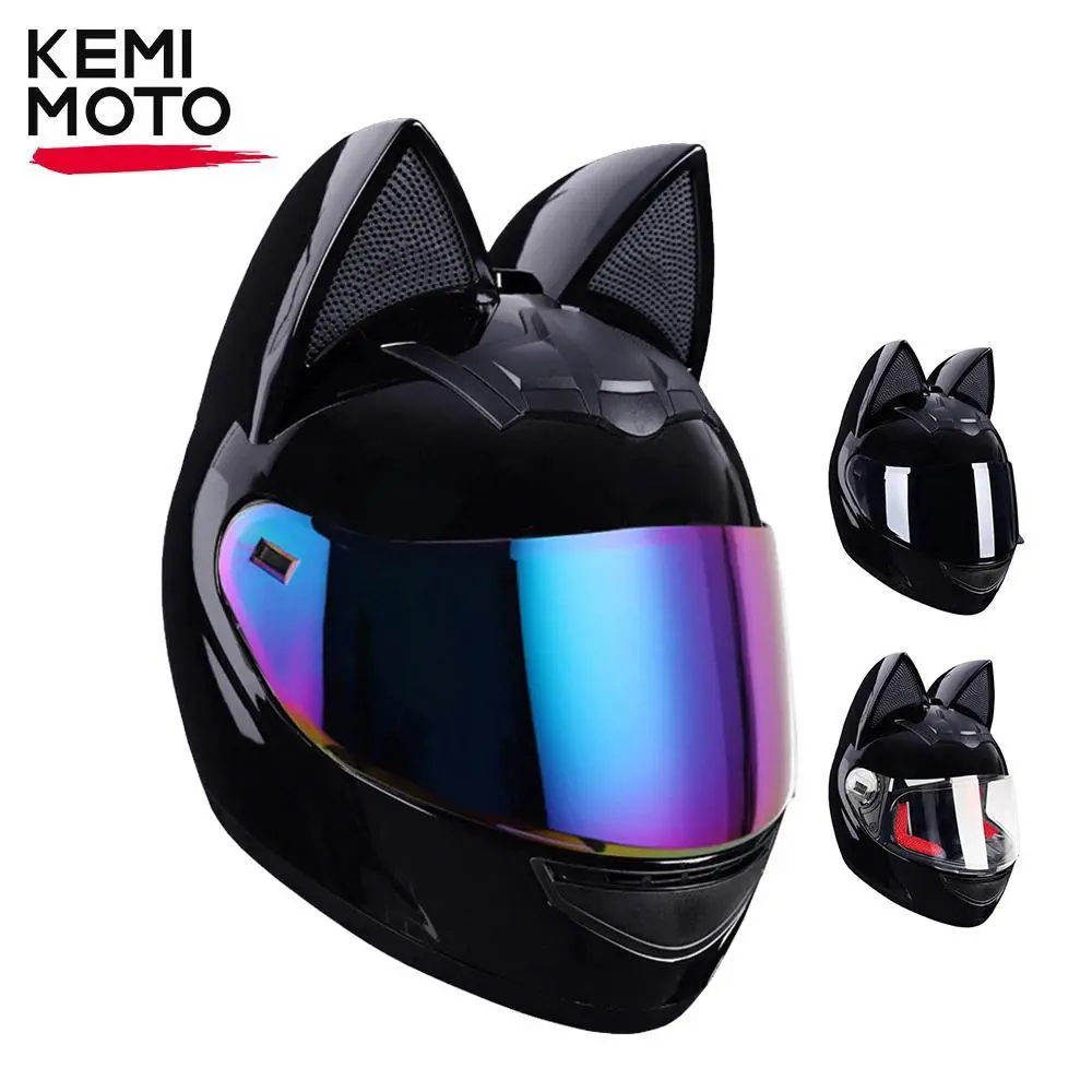 Cat Ear Full Face Motorcycle Helmet (1*Motorcycle Helmet, 1*Mask), DOT Certified, Breathable Technology, ABS-Enhanced, 1600g, for Women, Suitable for Motocross, Cycling, ESP, Ideal Girlfriend Gift