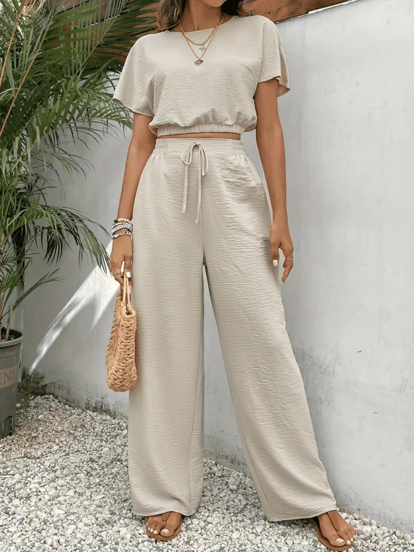 Women's Solid Color Fitted Top & Wide Leg Pants Two-piece Set, Casual Round Neck Top & Drawstring Waist Trousers for Summer, Ladies Clothes for Daily Wear, Womenswear