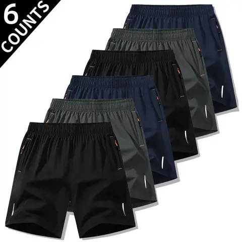 Men's 6-Piece Plain Beige Stretch Transpirable Quick-Drying Running Shorts - 6-Pack Value Set with Utility Pockets, Loose Casual Athletic Activewear for Gym, Summer Male Bottoms, Tropical Spring Gift (TikTok Shop Deals), 6‑Piece Value Set,sohochic