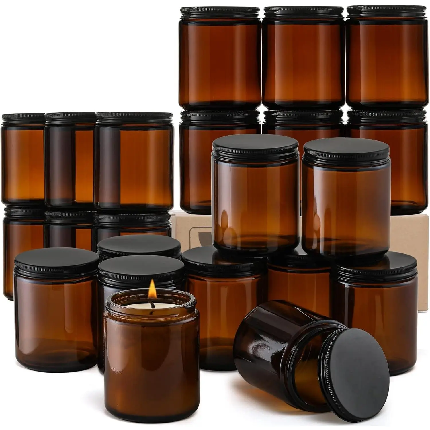 24 Pack 8 OZ Thick Amber Candle Jars for Candle Making - Round Glass Jars with Lids, Empty Leakproof Food Grade Containers for Canning, Storage, Spice, Powder, Liquid and Samples