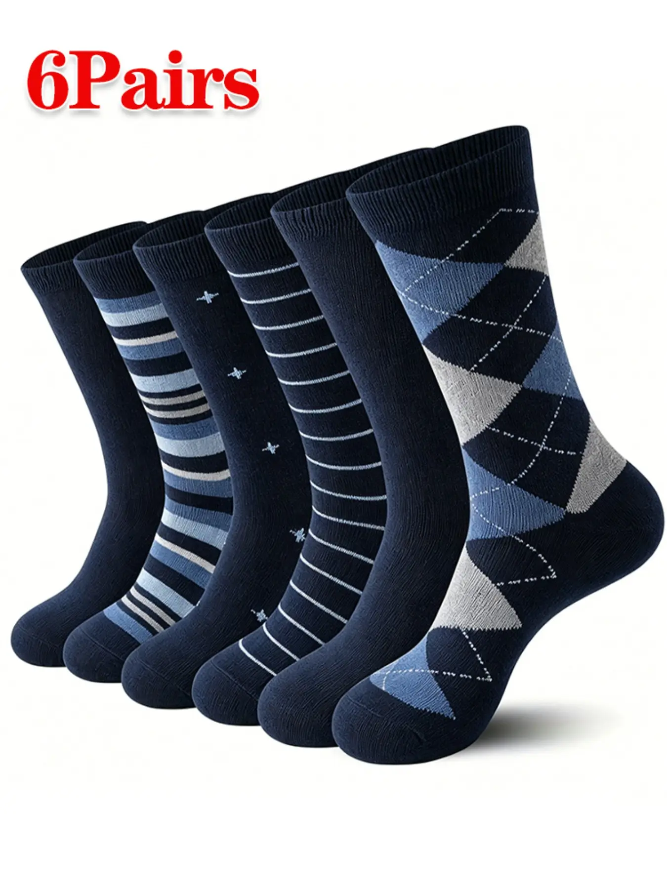 6 Pairs Men's Geometric Pattern Crew Socks, Elastic Lightweight Breathable Comfort, Casual Daily Wear, Suitable for All Seasons