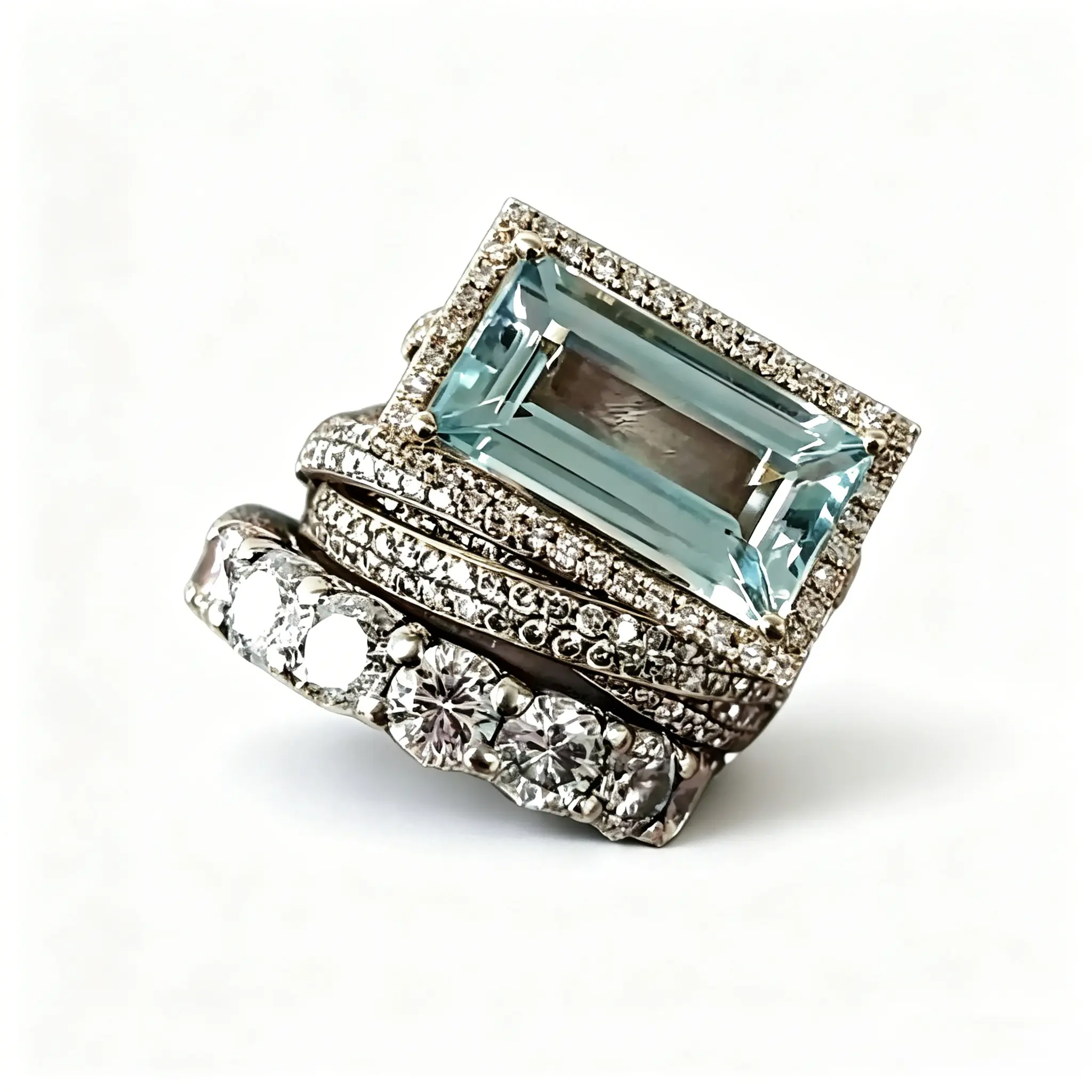 Galaxy Gem Women's 3-Piece Stackable Cocktail Statement Ring Set - Silver-Plated Copper Alloy Bands, Emerald Cut Faceted Zirconia Pavé Detail, High-Polish Mirror Finish, Prong-Set Elegant Costume Jewelry, Ring Stack for Evening, Special Occasion Gift, Gla