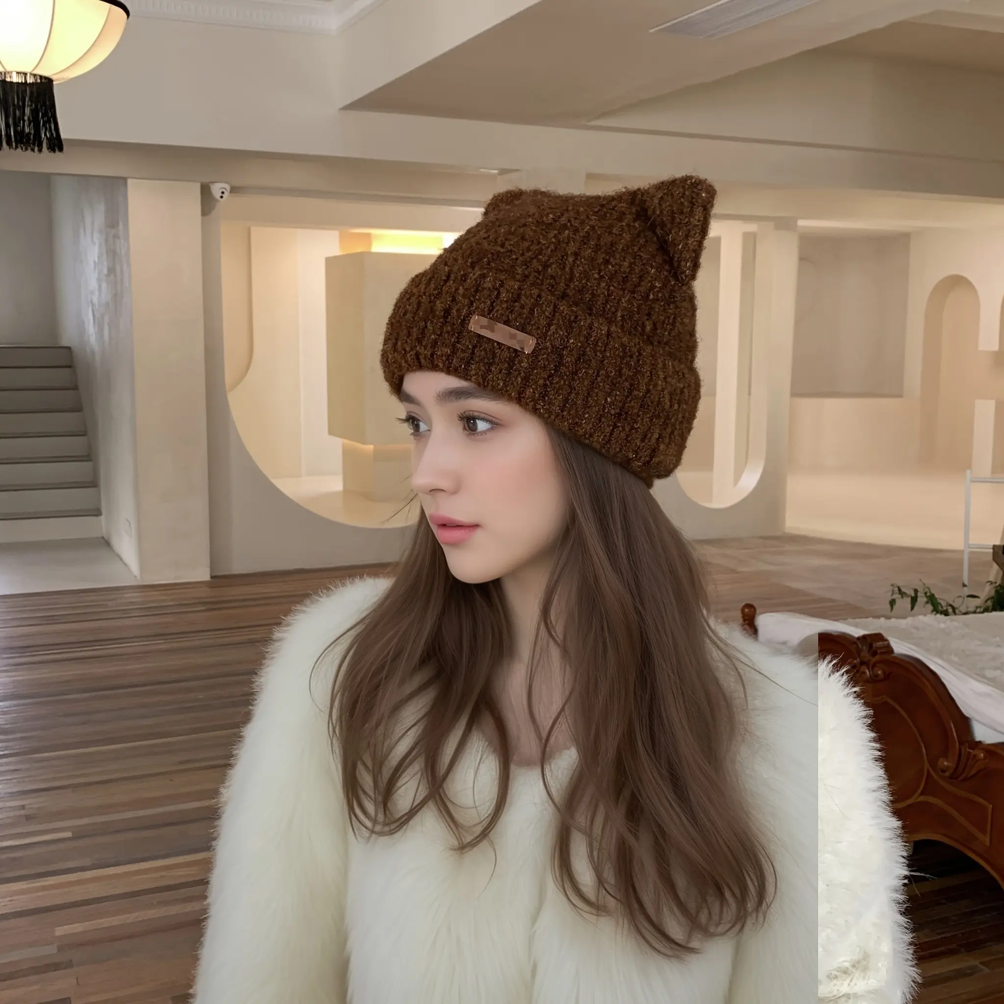 Women's Winter Cat Ear Beanie Hat - Foldable Cap, Soft Polyester, Elastic Stretch Fit, Warm Ear Tips, Cold Weather & Christmas Party Sports & Outdoor Accessory