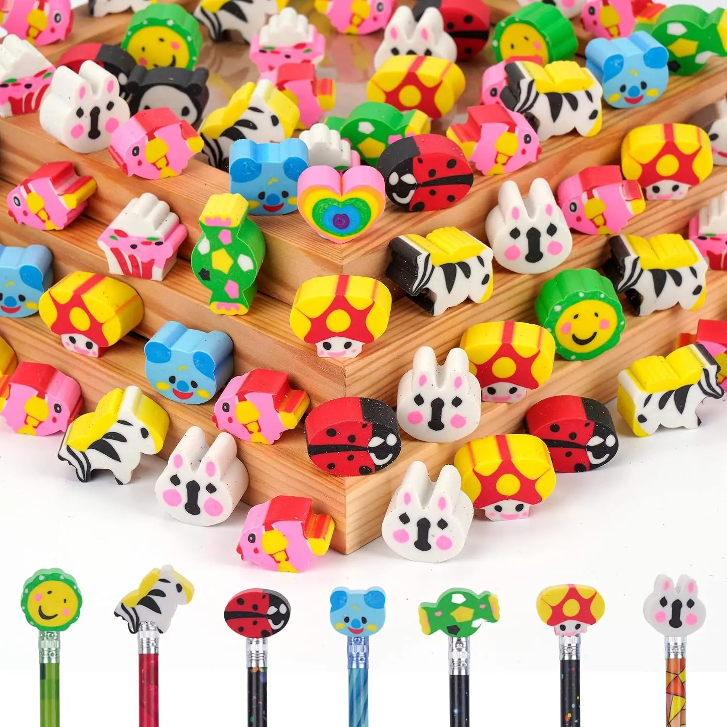200 Pieces Cartoon Cute Animal Pencil Erasers Pencil Eraser Toppers Rabbit Zebra Mushroom Ladybug Pencils Caps for Office Classroom Supplies