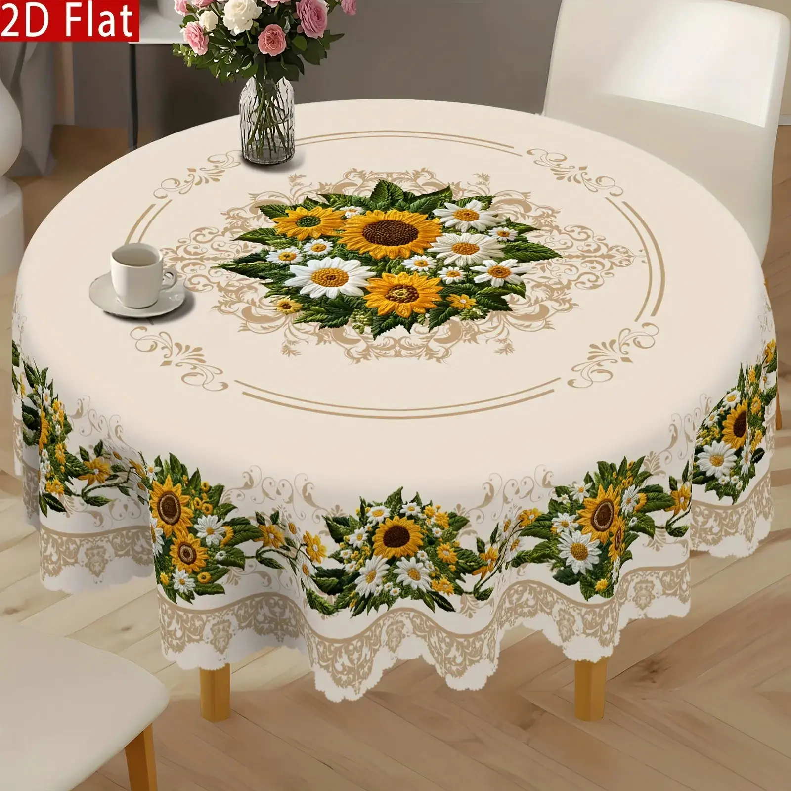 Vintage Sunflower Daisy Polyester Rectangle Tablecloth - Non-Embroidered European Style, Large, Universal for Round/Oval Tables, Durable Machined Textile, Machine Washable Easy-Clean Home Supplies, Party Decor Gifts