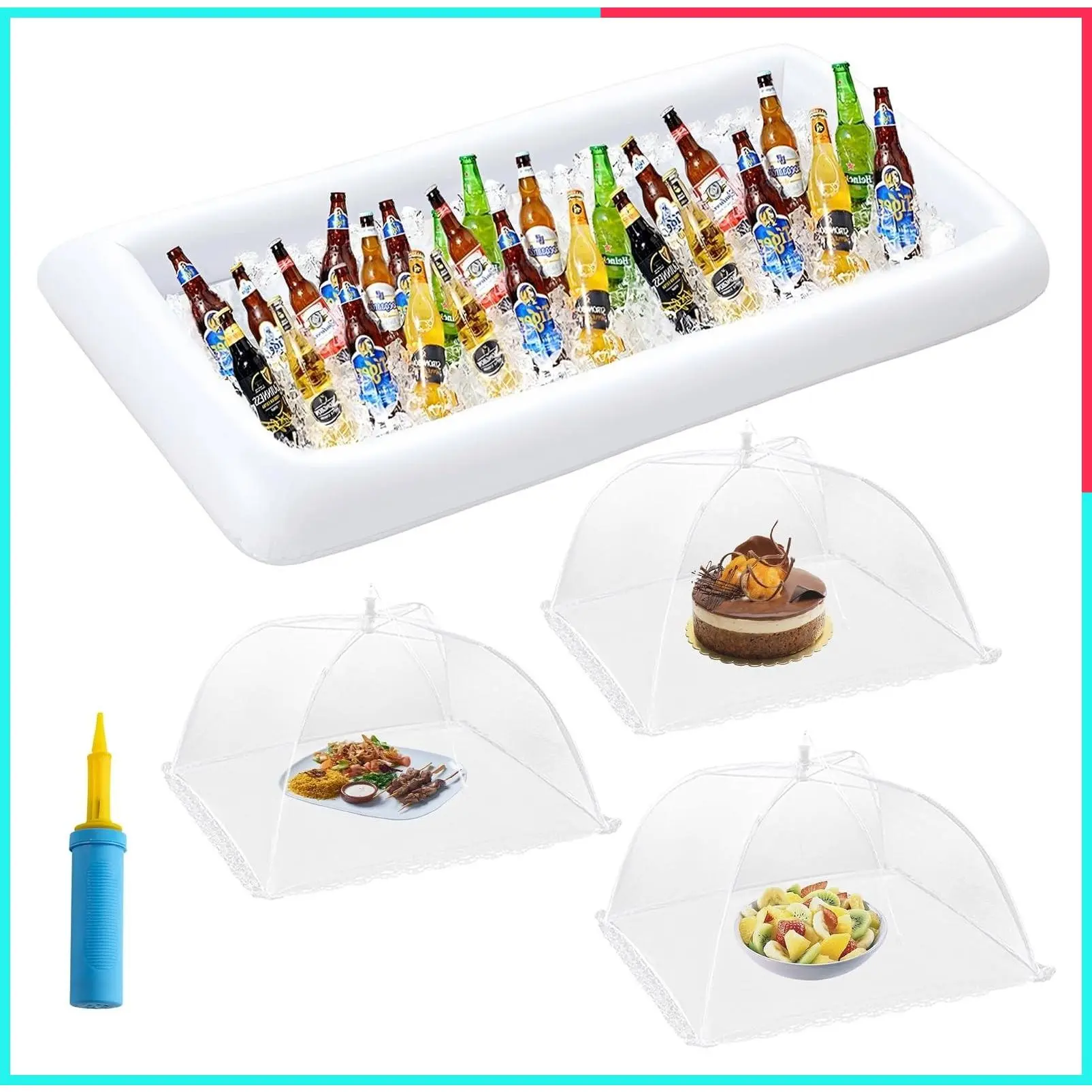 Inflatable Serving Bar with 3 Mesh Food Covers, 49x24in Inflatable Cooler with Drain Outlet, 17x17in Food Tent, Portable for Outdoor Parties and Catering Events