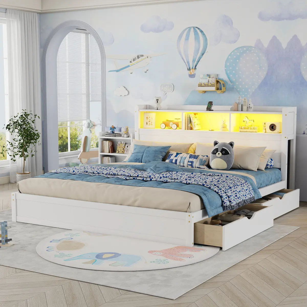 King Size Bed with Drawers, Wood King Bed with Storage Headboard and Pull Out Storage Cabinet, Wood Bed with Light and Socket, White(Expect Aival Date 2026/7/30 )