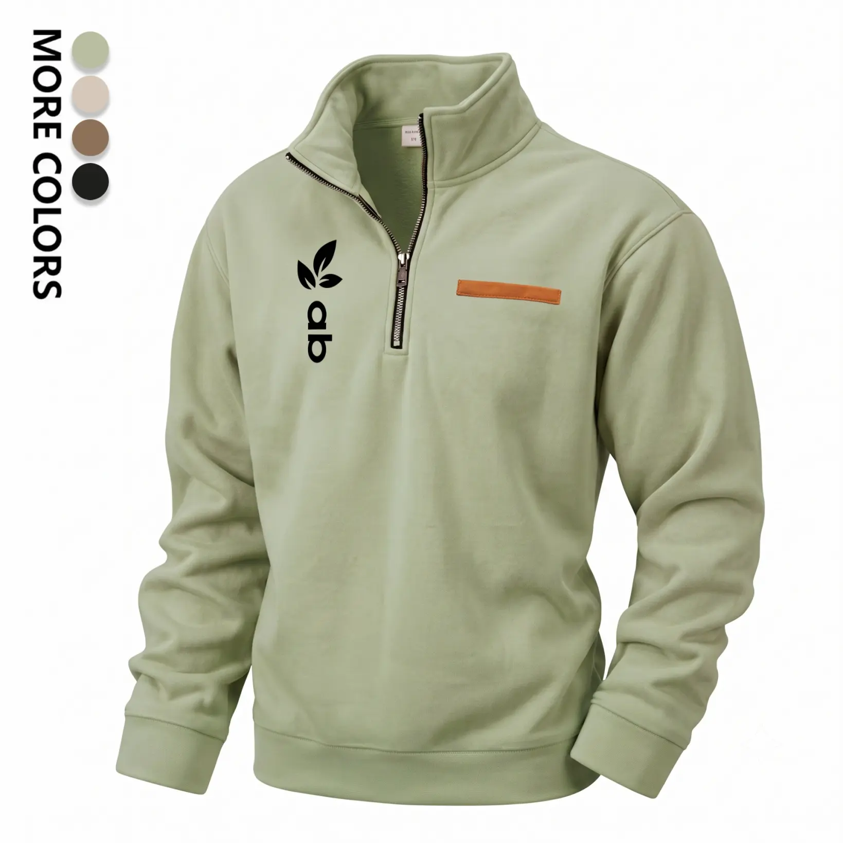 Men's Leaf Logo Graphic Quarter Zip Pullover Sweatshirt, Fleece Lined Stand Collar Long Sleeve Casual Tops, Warm Fall Winter Outdoor Sweatshirt for Daily Wear, Travel, Hiking and Streetwear