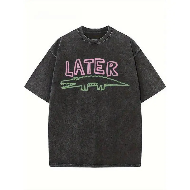 Funny Alligator Graphic Washed Tee - Unisex Retro Style Oversized T-Shirt - Comfortable Daily Wear