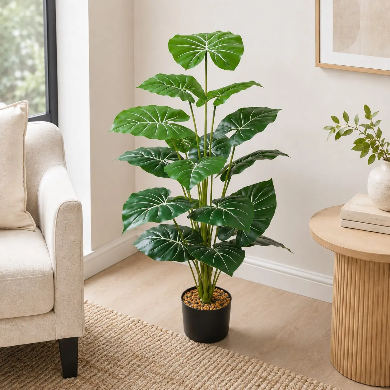 Artificial Plants Indoor 35 Inch Faux Alocasia Tree with Black Pot Realistic Tropical Floor Plant Green Leaf Home Decoration for Living Room Corner Bedroom Office Bathroom Patio Entryway Store Restaurant Photo Prop Housewarming Display