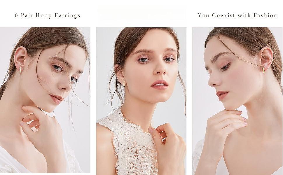 6-Pair Gold Huggie Hoop Set | 14K Gold Plated Stainless Steel | Dainty CZ Dangle & Cuff Earrings | Hypoallergenic Ear Stack for Sensitive Ears