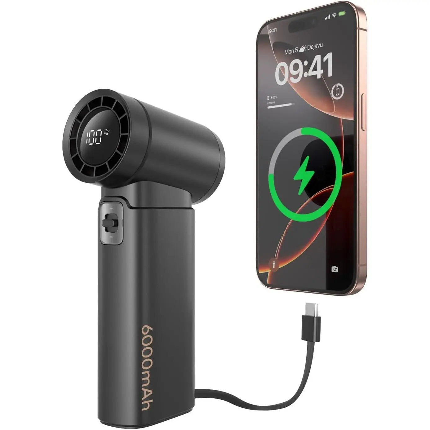 Handheld Fan - Portable Fan with Charger Power , 6000mAh Rechargeable18W  , Type-C Input, 50000RPM High Speed Turbo Airflow for Travel Concerts Cruise Makeup, Black