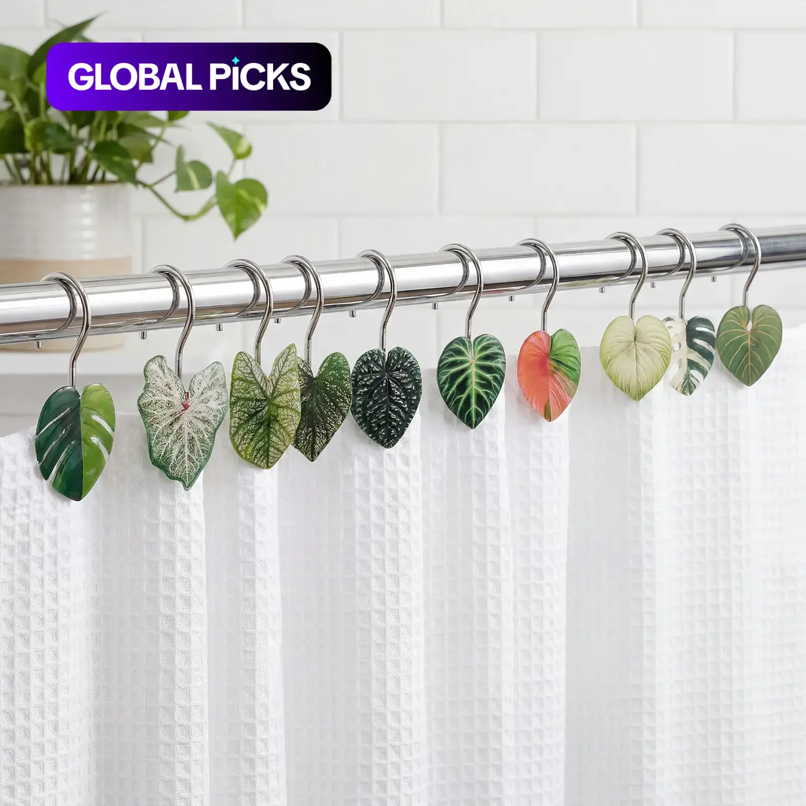 12 Piece Tropical Monstera Leaf Bath Curtain Hooks, Acrylic Creative Design, Stainless Steel Rust-Proof Waterproof, Easy Installation