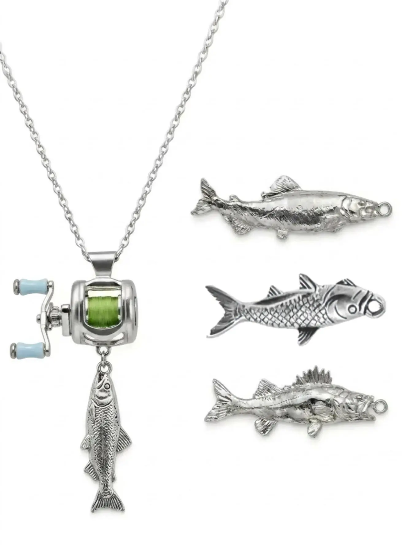 Fishing Reel Necklace, Mini Fishing Reel Necklace for Men with Rotating Handle, Silver Fish Necklace Pendant