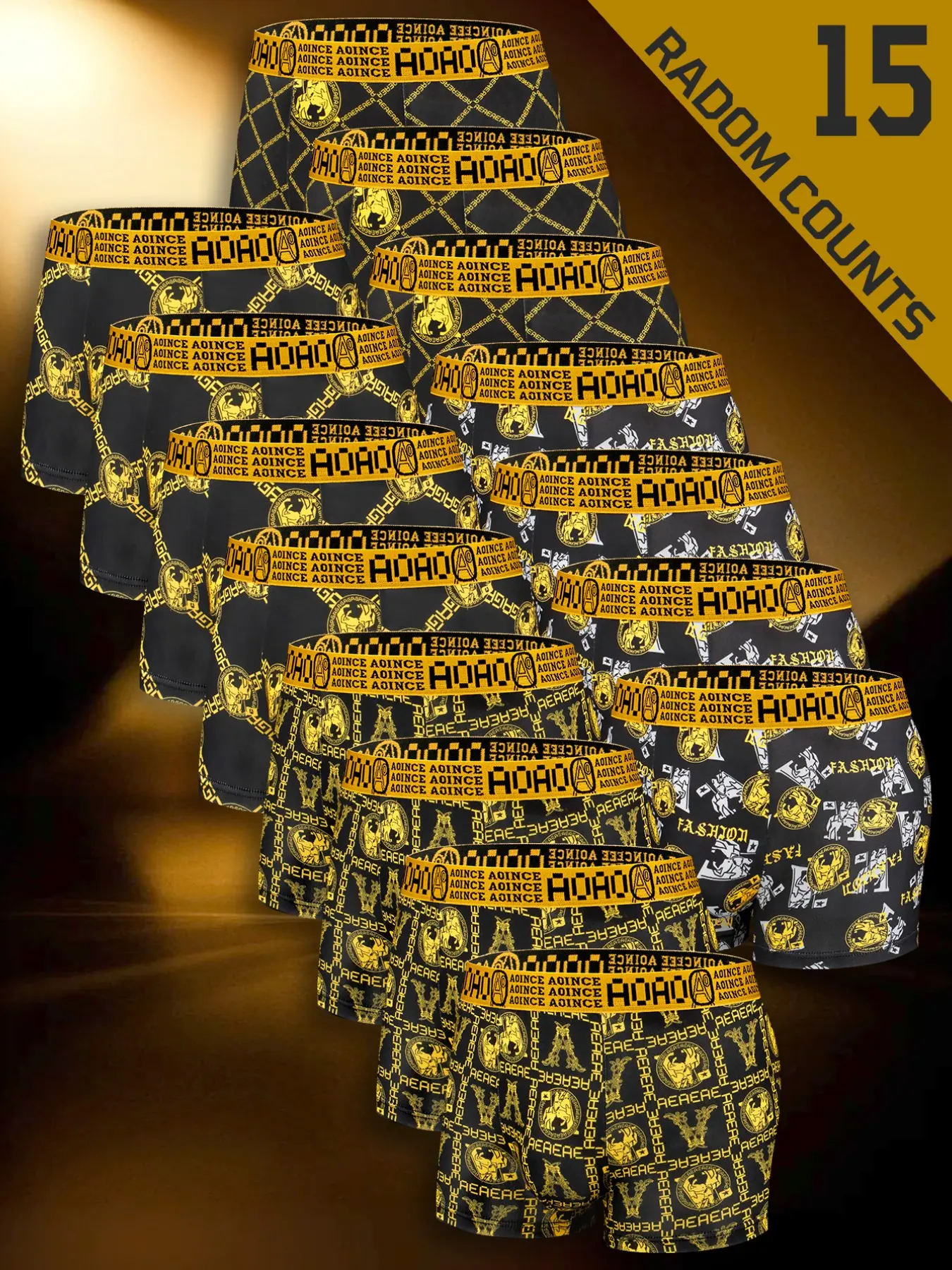 15 pcs random fashionable black gold chain printed men's underwear, light and thin, comfortable, breathable, elastic waistband men's flat bottom pants, fast drying fashionable sports underwear, Suitable for Four Seasons home leisure.