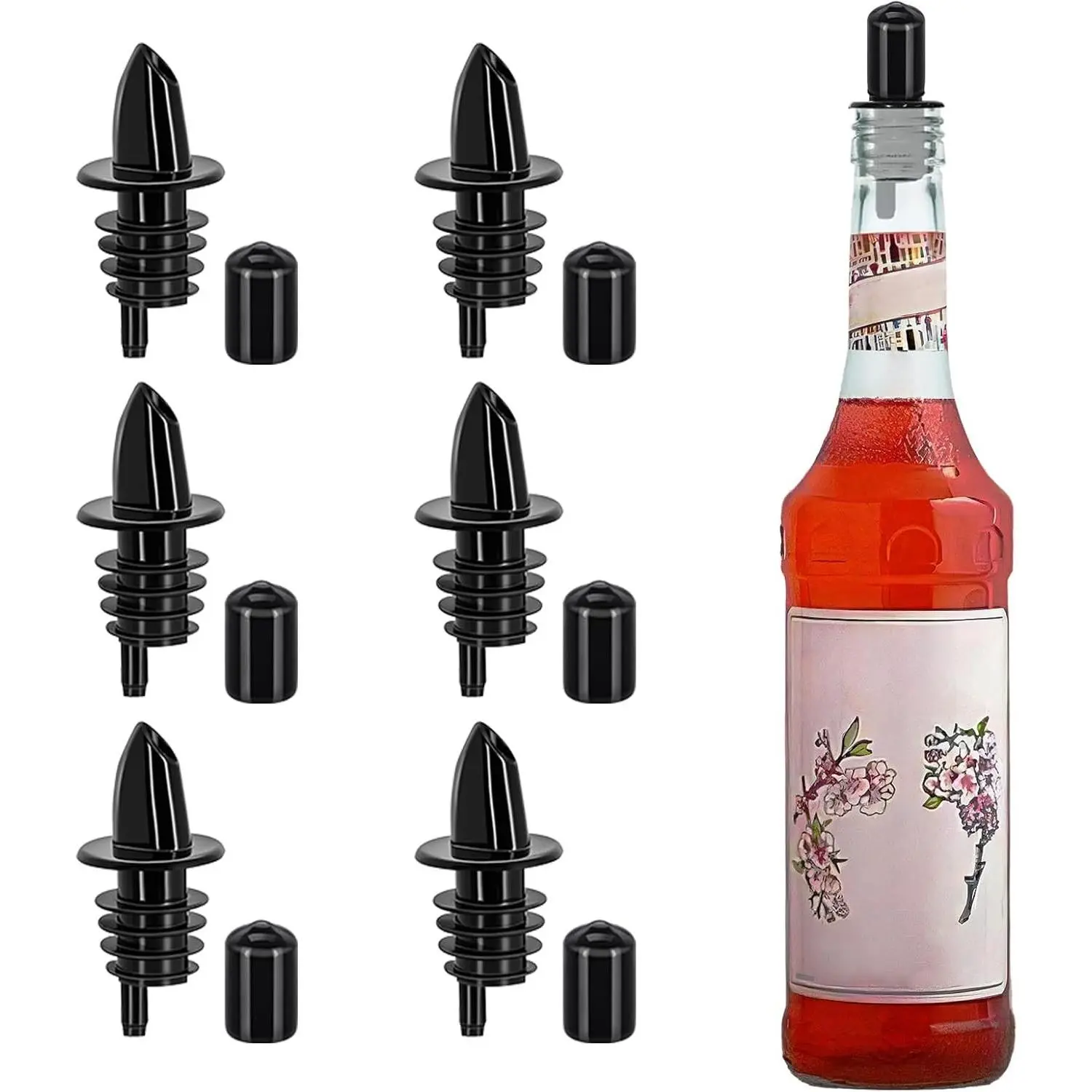 6 PCS Bottle Pourers And 6 PCS rubber pourers dust cap covers Syrup Pourer Pour Spouts Plastic Liquor Bottle Pourers with Rubber Pourers Dust Cap Covers Bottle Pourers (Black)