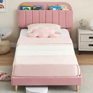 2-Piece Pink Upholstered Twin Bed Frames with Boucle Soft Cloud Headboard, Modern Style, No Box Spring Required, Easy Assembly