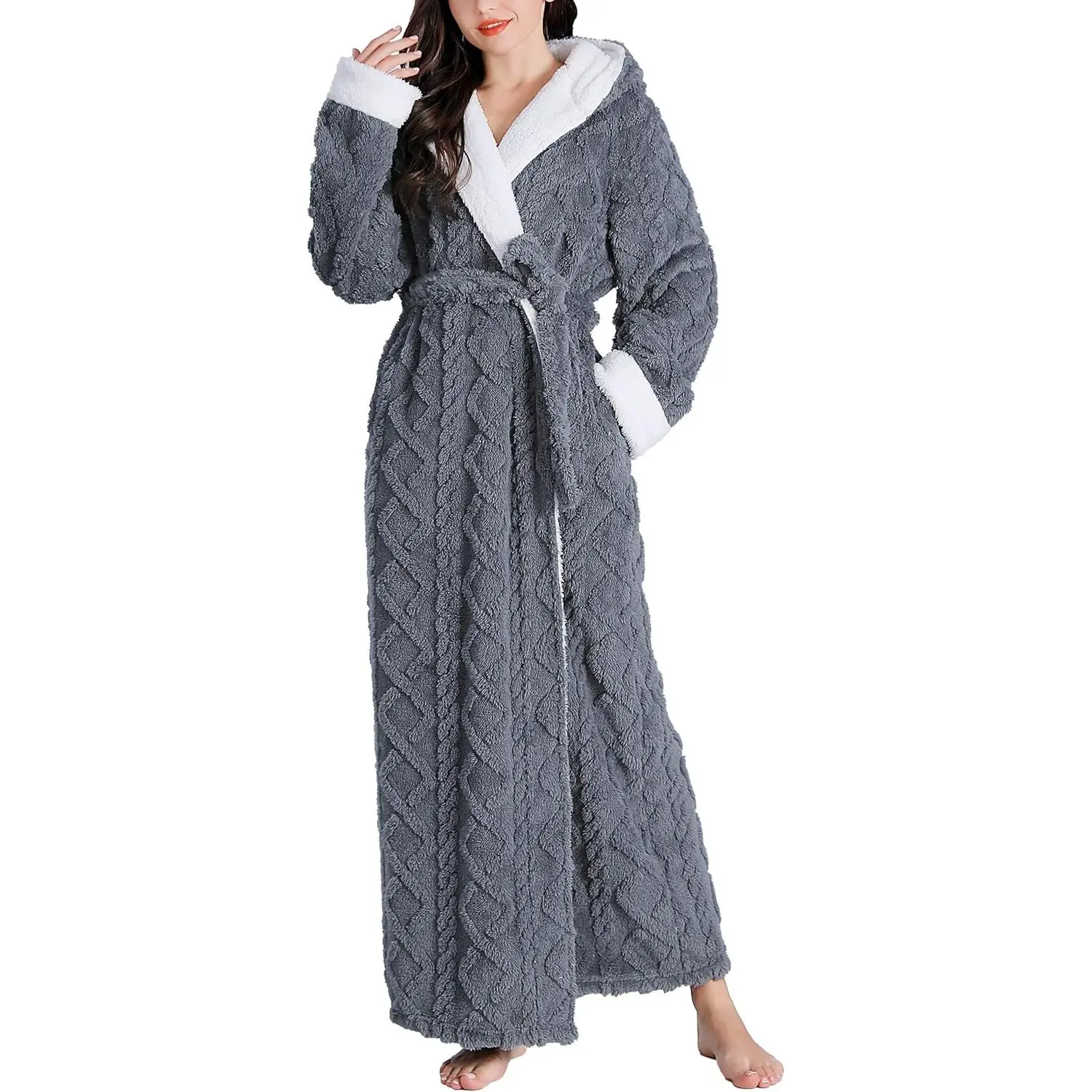 Women's Plush Fleece Bathrobe, Full Length Casual Hooded Robe with Sherpa Trim, Loose-Fit Warm Housecoat for Lounging with Pockets, Clothes