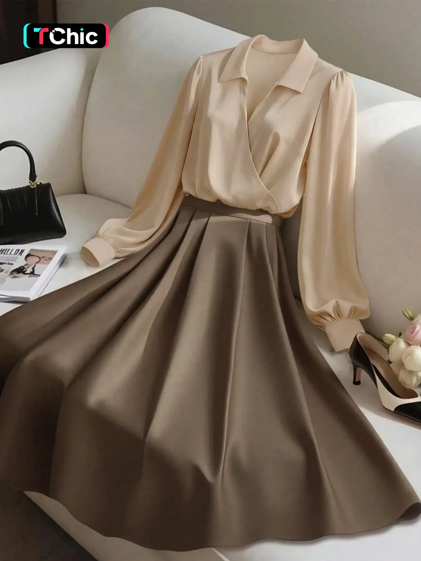 Elegant Women's Long Sleeve V-Neck Shirt and Skirt Set, Business Casual, Perfect for Fall and Winter Seasons