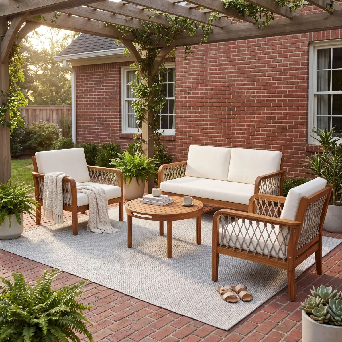 Aobtkel Christopher Knight Home® Outdoor Acacia Wood Loveseat Set with Handwoven Rope Weave, Teak Finish, Coffee Table, Water Drain Feature