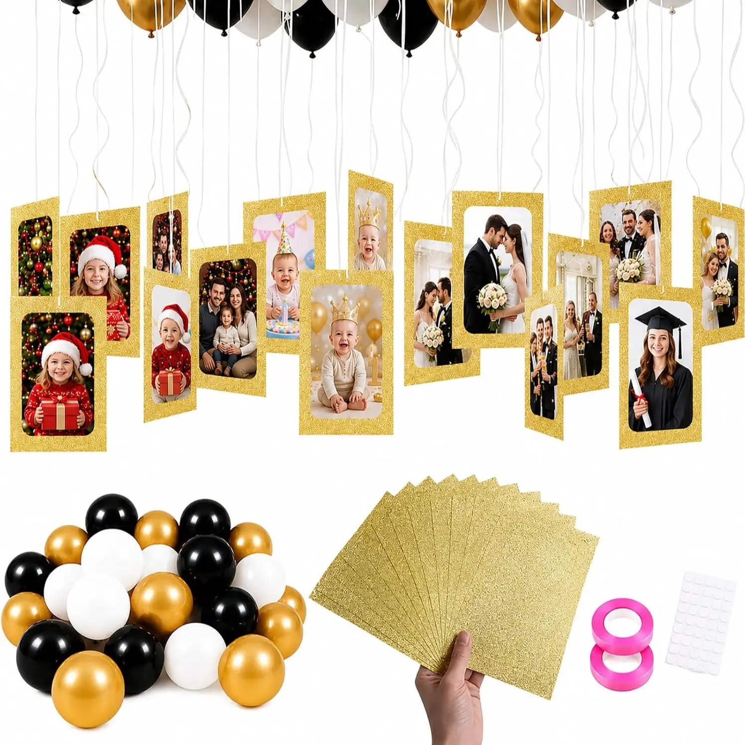 45Pcs Glitter Birthday Photo Banner Decor Kit, Hanging Photo Display Garland Fits 4x6 & 5x7 Photos with Ribbon and Latex Balloons, DIY Wall Decoration Banners for 1st Birthday, Wedding, Anniversary, Baby Shower, Graduation Party Supplies