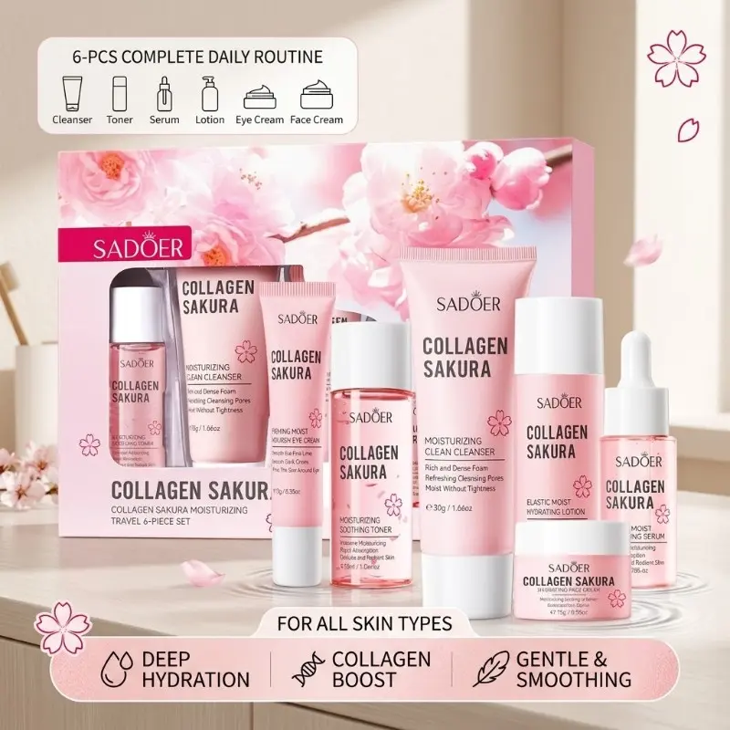 6 Pcs Sakura Collagen Skincare Set - Hydrating, Moisturizing & Smoothing Daily Facial Care Kit with Cleanser Toner Serum Cream Eye Cream Travel Routine