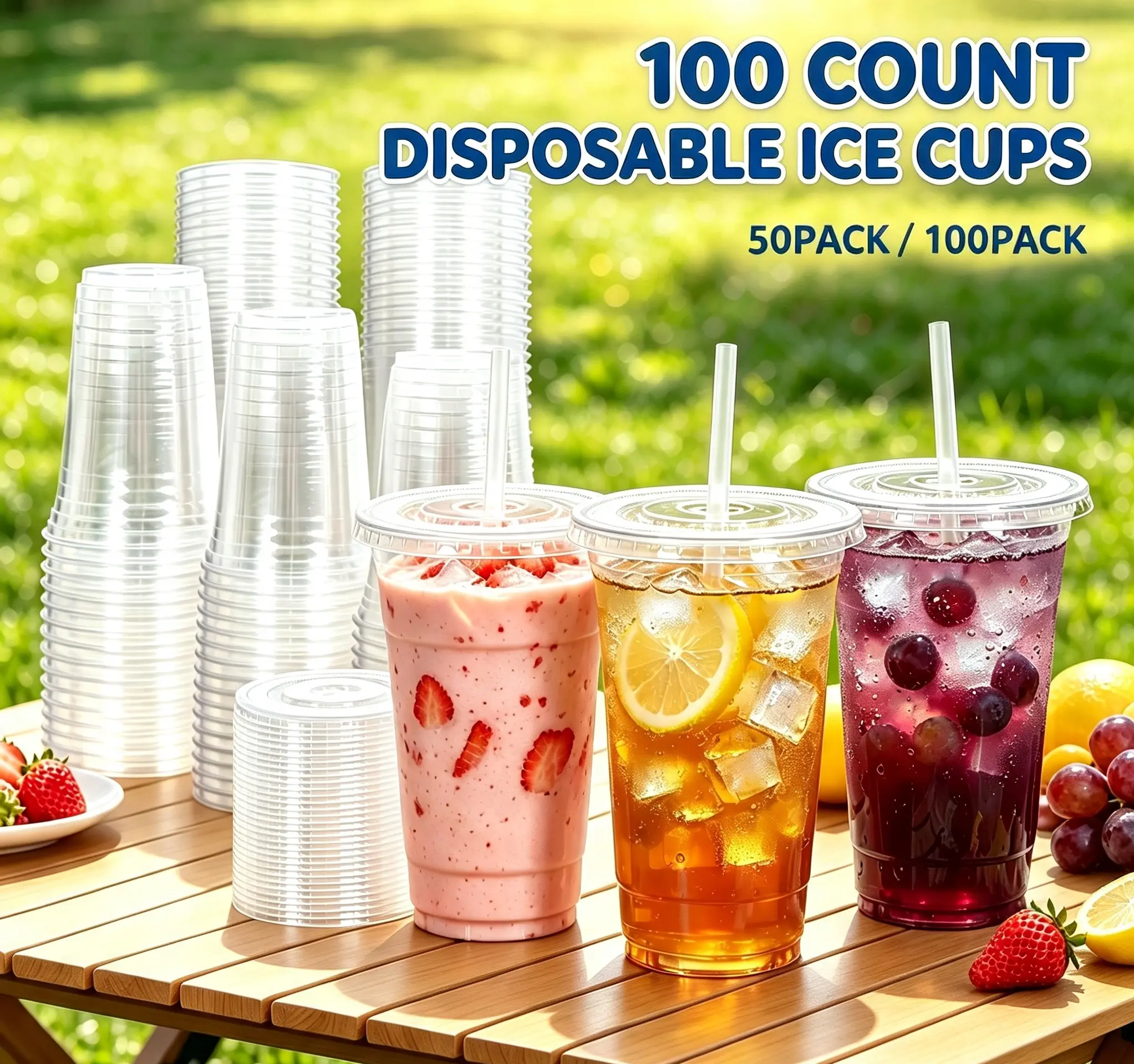 50/100 Pack Disposable Clear Plastic Drink Cups with Lids & Straws, 16/20/24oz Portable Cold Coffee Cups, Perfect for Camping, Travel, BBQs and Outdoor Parties, Suitable for Smoothies, Juices, Milkshakes and All Daily Cold Beverages
