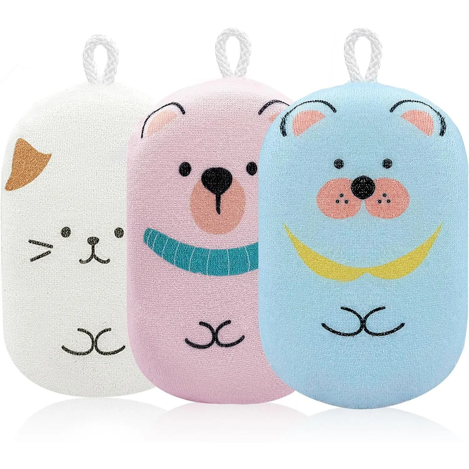Baby and Kids Bath Loofah Sponge, Soft and Absorbent Toddler Exfoliating Body Scrubber Shower Loofa Sponge,Cute Pattern Design for Kids Baby Women Boys and Girl, 3 Pack (Bear/Dog/Cat)