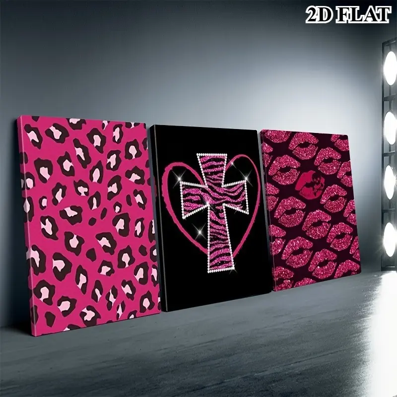2D Flat, 3pcs 2D Flat Y2K Style Poster and Print Set - Pink and Black Glossy Heart and Lips Wall Art, Modern Pop Art Decor, Suitable for Bedroom, Dining Room - Women's Apartment Decor, Valentine's Day and Christmas Decoration, Frameless, 2D Flat