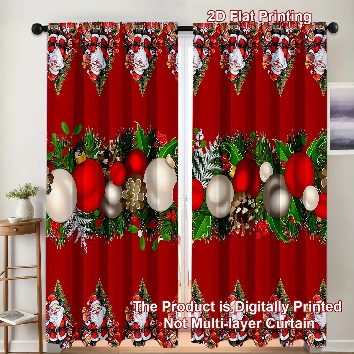 Christmas Curtain Set with Santa and Pine Tree Pattern, 100% Polyester, for Bedroom Living Room Kitchen Decor, Window Curtain