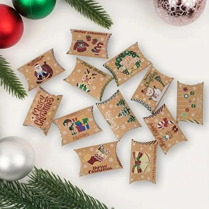 48pcs Christmas Kraft Paper Pillow Boxes, Festive Holiday Decoration, Perfect for Weddings & Gifts, Small Business Supplies