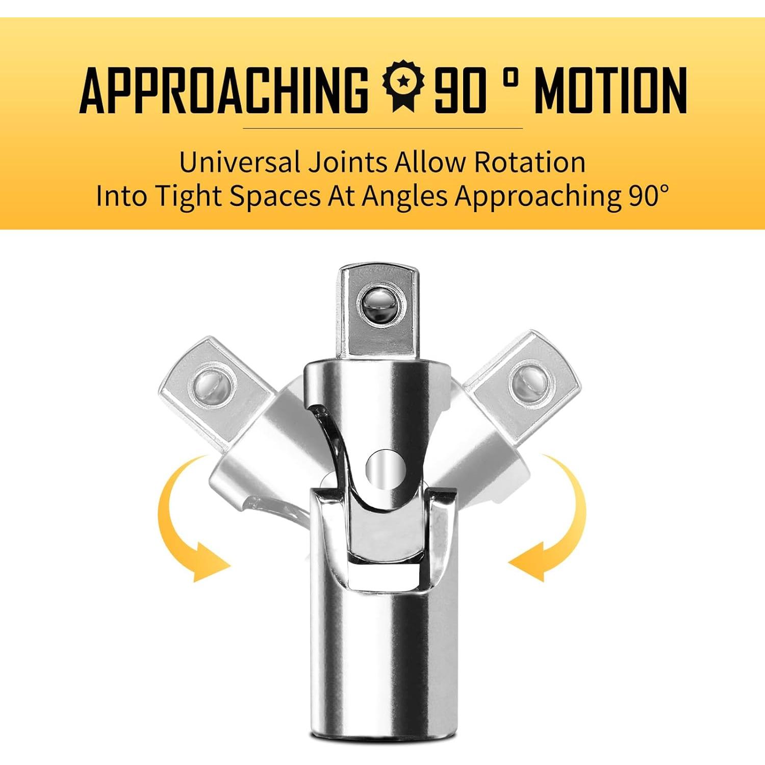 3- Universal Joint Socket Adapter Set, 1/2", 3/8", and 1/4" Drive, Ball Spring Design, Chrome Vanadium Steel Swivel Socket Adapter Set, Full Polished