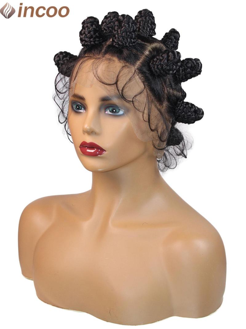 2 Inch Bantu Knots Braided Wigs, Synthetic Box Braided Wigs Buns, Handmade Twists Full Lace Cornrow Synthetic Braided Hair Wigs for Black African Women, Synthetic Braided Lace Wigs for Party, Daily Use