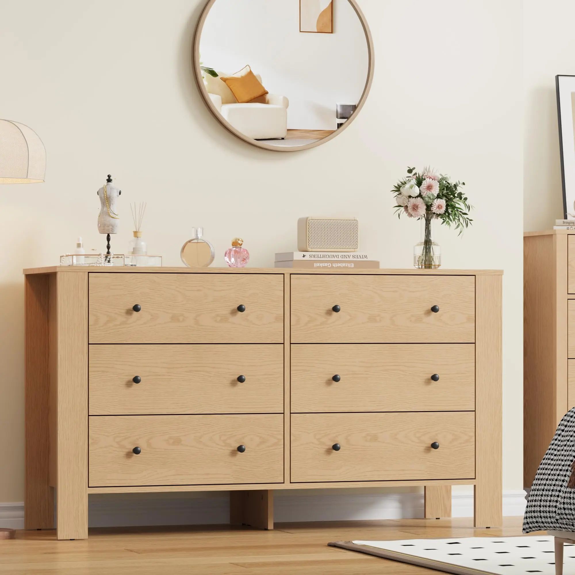 Garvee Natural Oak Large 6 Drawer Dresser with Deep Drawers and Metal Knobs, Modern Wooden Double Chest of Drawers for Bedroom, Entryway, Hallway, and More